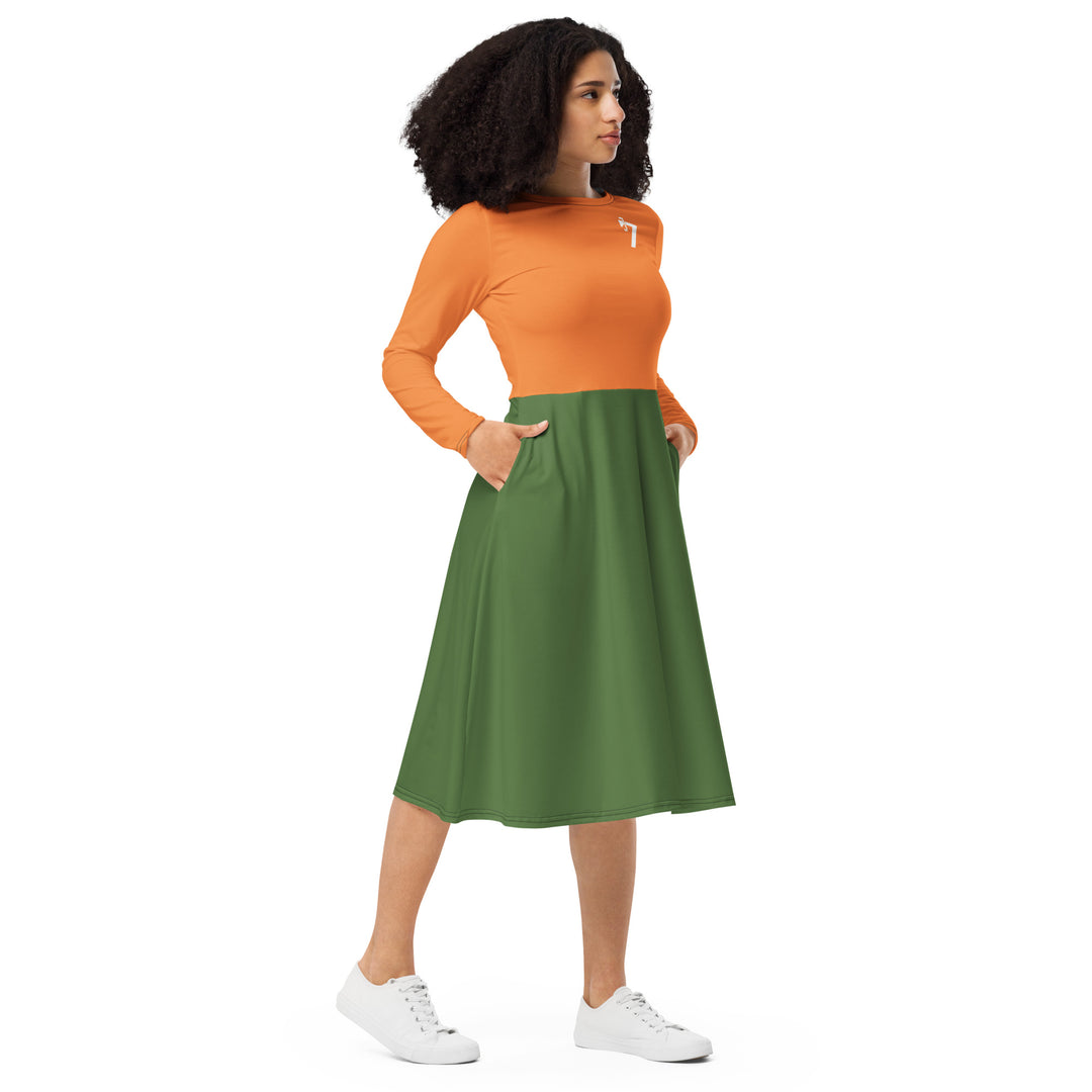 Orange / Green long sleeve midi dress - J SEVEN APPARELS 